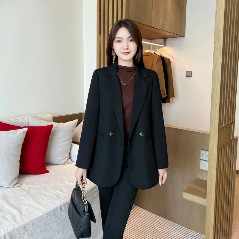 

Women's Loose Black Blazer 2025 SA New Solid Color Casual Workwear Elegant High End Slimming Side Slit Suit Jacket Vintage