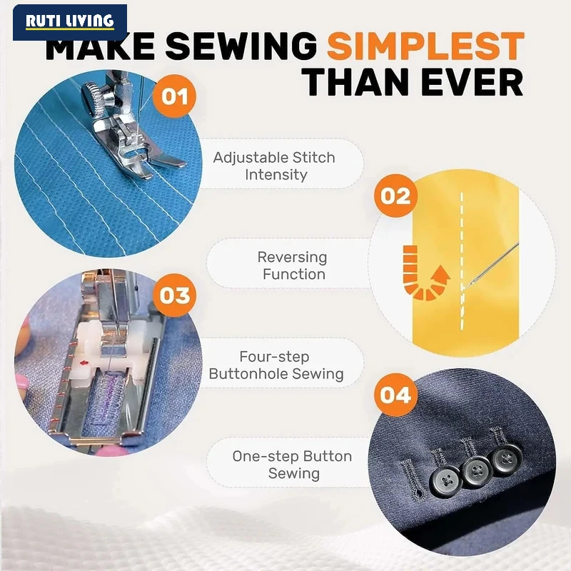 RUTI portable Sewing Machine for Beginners with 12 Stitches Pattern LED Light Pedal Double Thread Sewing Kits  Plugged In 220V