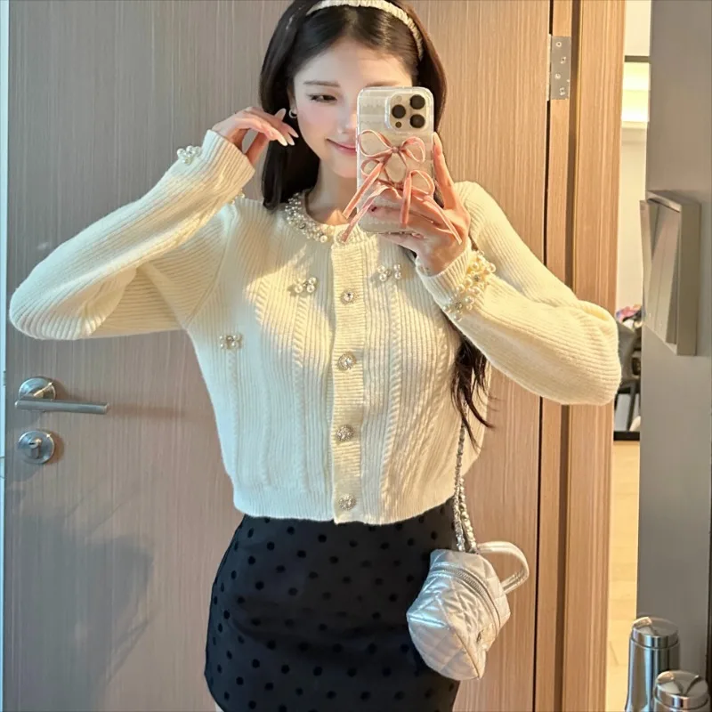 Cardigan Women O-neck Temper Gentle Cropped Beading Design Sweaters All-match Autumn Knitwear Comfortable Ins Korean Fashion