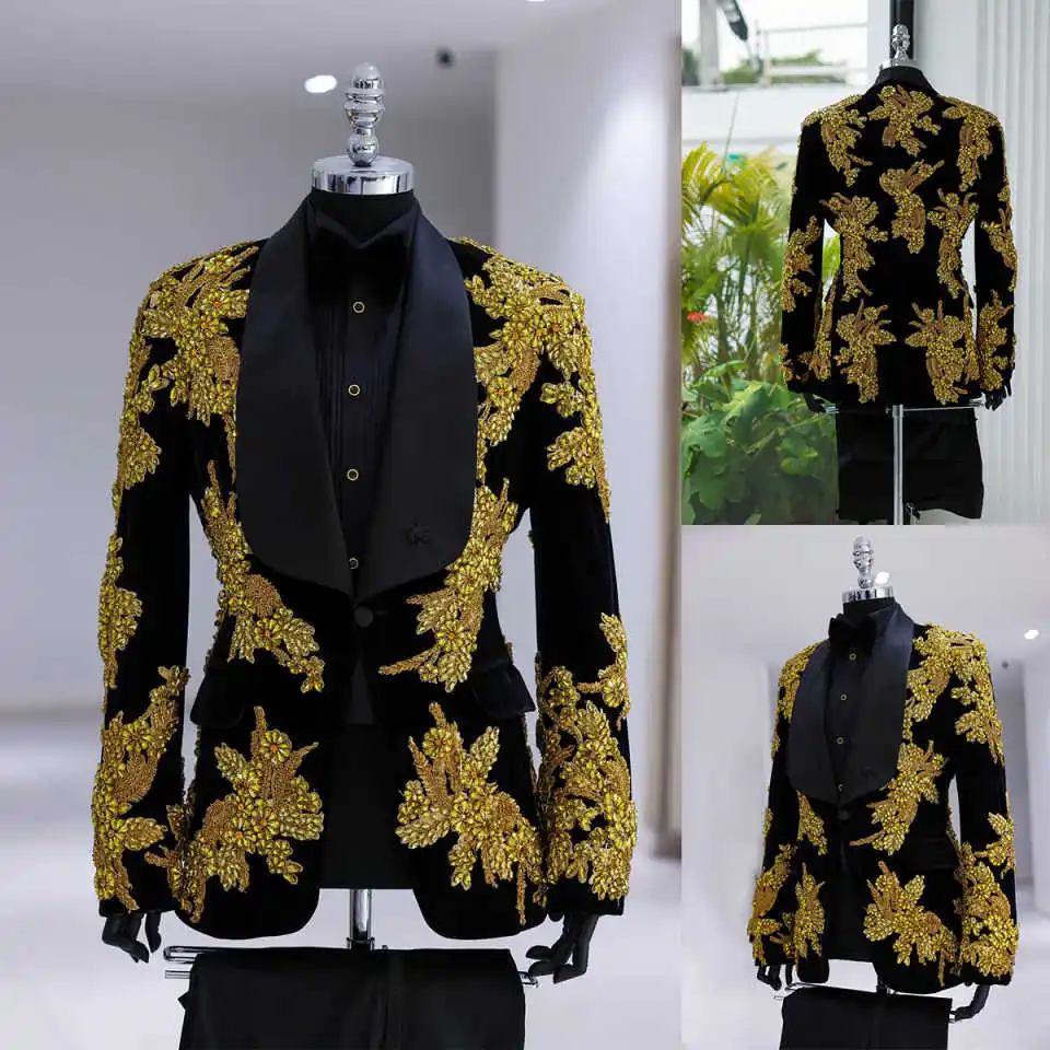 

Luxurious Men Suits 2 Piece Gold Crystal Appliques Beading Fashion Occasion Party Wedding Groom Tuxedo Customized