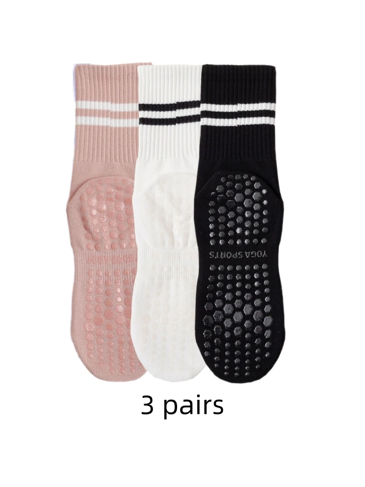 

3 pairs of yoga socks, medium length socks, pure cotton anti slip silicone indoor fitness pilates, women's sports socks