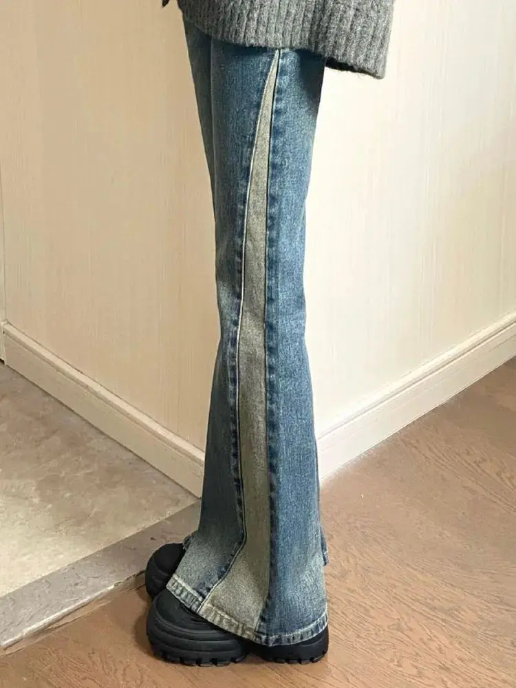 Micro-Trumpet Jeans Stitching High Waist American Retro Women'S Spring And Autumn High Street Design Feeling Slim Mopping Pants