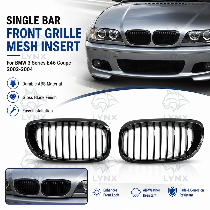 For BMW 3 Series E46 Coupe 2002-2004 Vehicle Aftermarket Single Bar Gloss Black Front Radiator Grille Mesh Insert