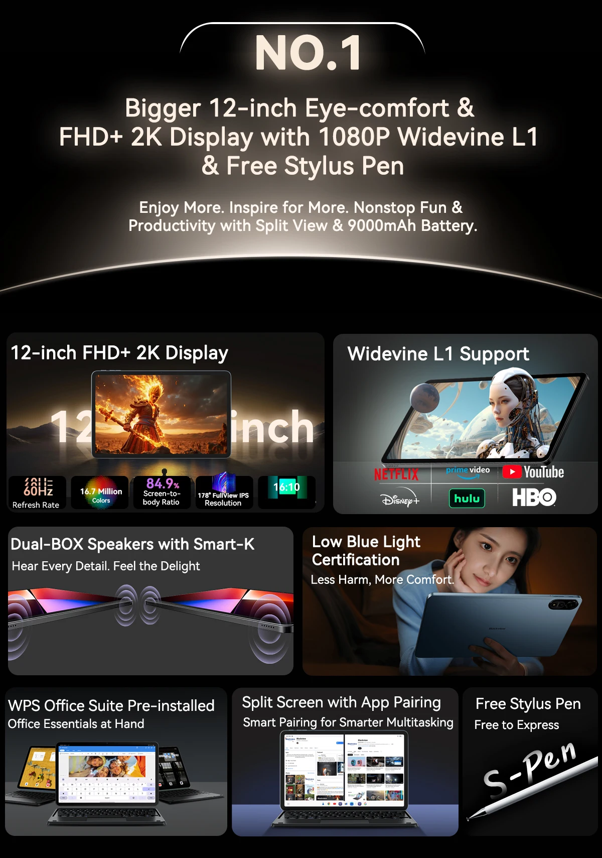 Blackview MEGA 2 Tablet PC Set With Keyboard Mouse Stylus 12'' 2K Display 12GB+24GB RAM 256GB ROM Android 15 Tablet 9000mAh