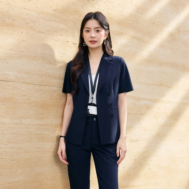 Navy blue short-sleeved blazer for women, summer professional workwear, college student interview formal suit, work attire