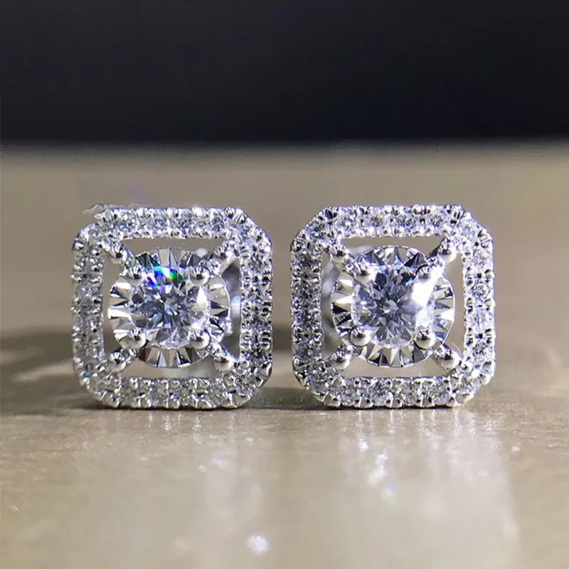 3 Color Real 925 SIlver Needle Jewelry Created Square Zircon Stud Earrings Elegant Anniversary For Women Birthday Gifts