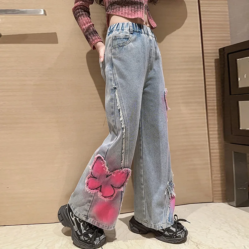 

Girls Jeans Personalized Wide-legged Denim Pants Spring Autumn 2024 Butterfly Design Children's Fashion Teenage Girls Trousers