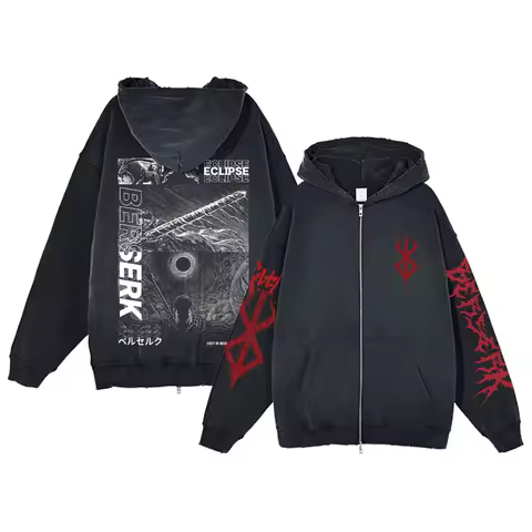 Anime Berserk Acid Wash Hoodie Zip Up Men Women Fashion Long Sleeve Harajuku Goth Clothing Aesthetic Streetwear Jacket Oversized