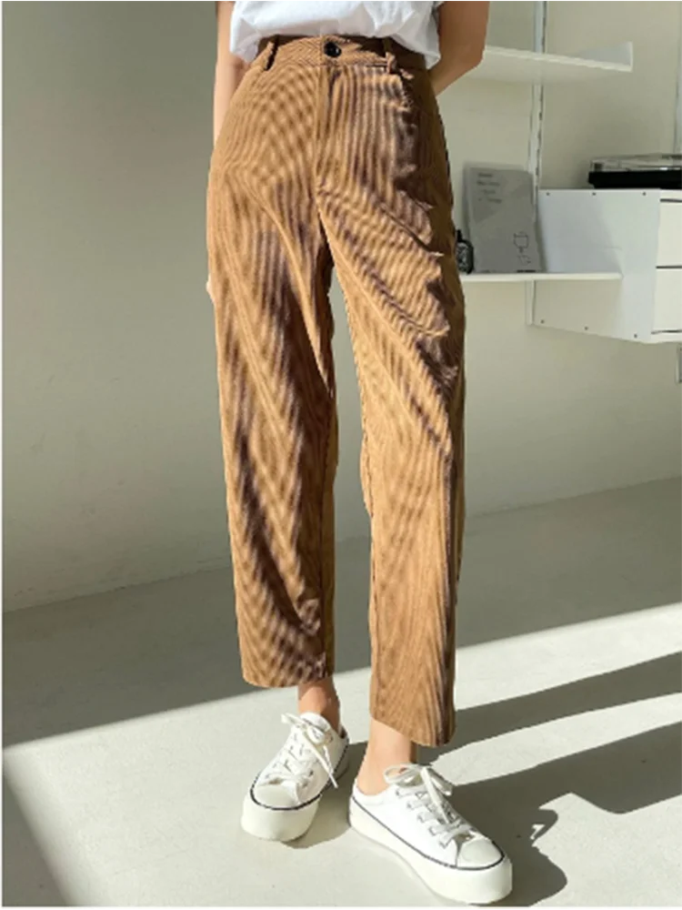 Pantalon Décontracté en Velours Côtelé pour Femme, Vêtement à Jambes Droites, avec Poches, Couleur Unie, Style Rétro, à la Mode, pour Automne