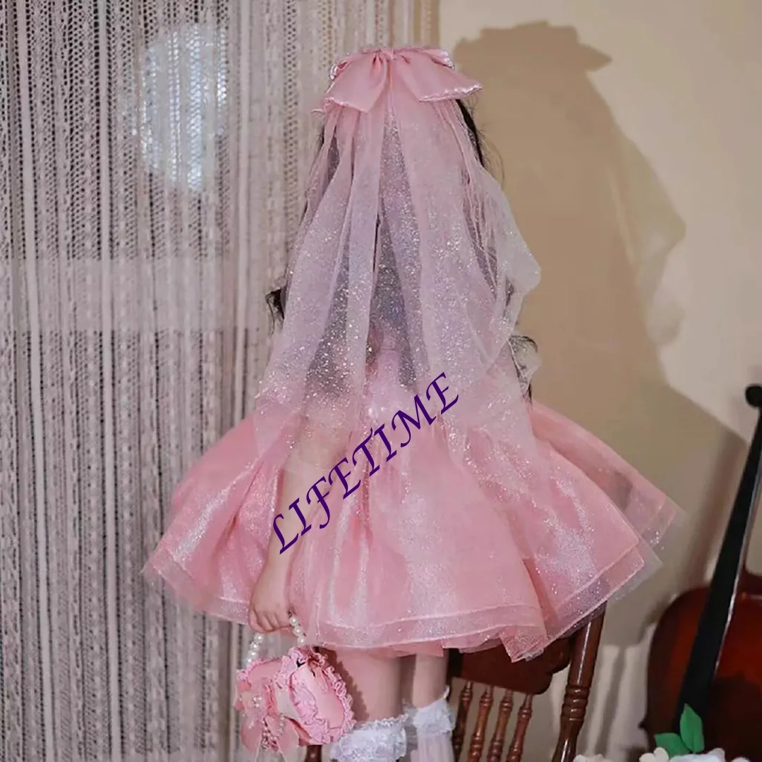 personalizzatoBellissimo abito da ragazza di fiore rosa con fiocco senza maniche per bambini, festa, matrimonio, sera, abito da ballo corto primavera estate