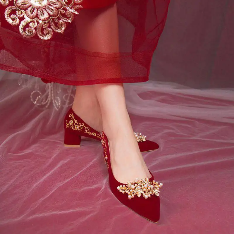 34-40 Women High Heels Pumps Spring Autumn Ladies Platform Wedding Shoes Female Chunky Pointed Toe Chinese Style Red Zapatos Y51