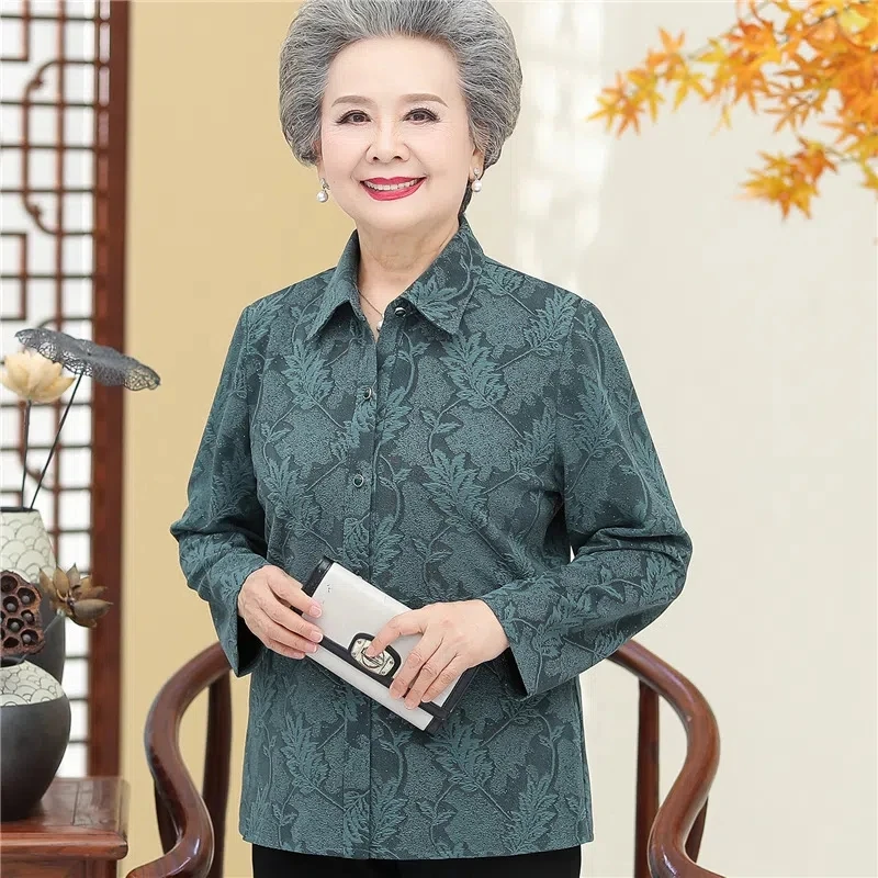 Elderly Women Blouses Autumn Old-age Mother Tops Long Sleeve Printed Shirt Grandmother Spring Thin Cardigan Coat W707