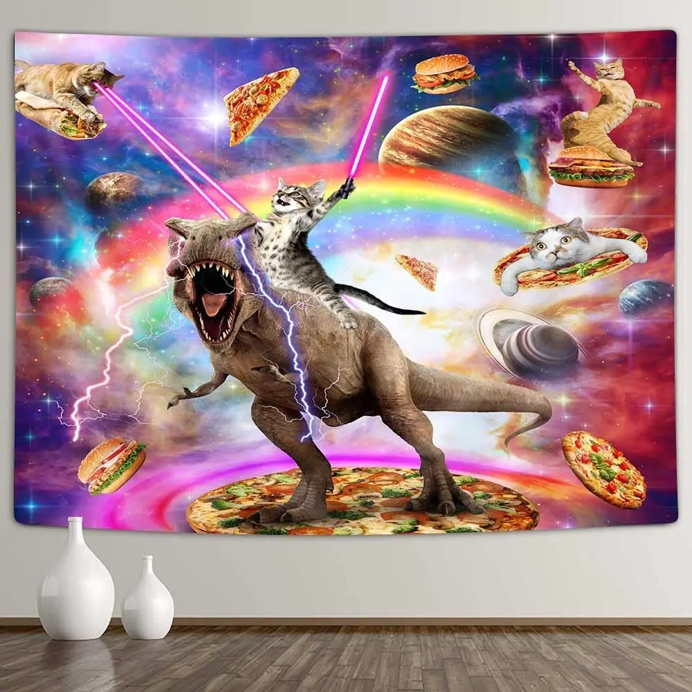 Cool Cat Riding Dinosaurio en el espacio de galaxia de fantasía, tapiz de Anime del universo exterior divertido y bonito para dormitorio, sala de estar y dormitorio
