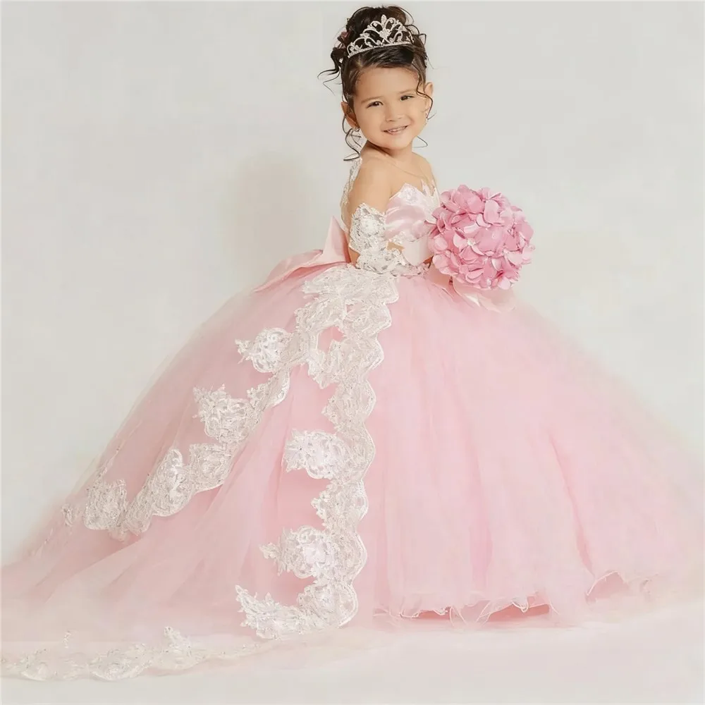 فستان فتاة الزهور الوردي المخصص لحفلات الزفاف بأكمام طويلة مزين بفيونكة دانتيل بطول الأرض للأطفال وحفلات أعياد الميلاد وصيفة العروس #2