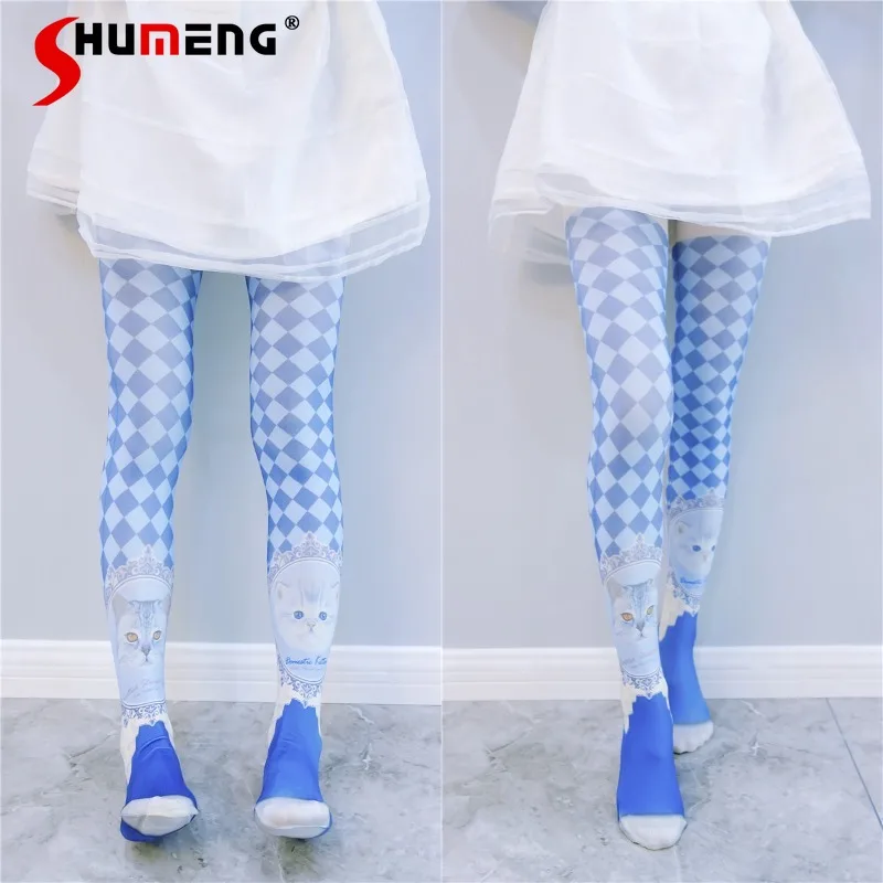 

Новые сексуальные женские колготки в клетку в стиле Soft Girl с кошачьим принтом, для косплея и вечеринок, Y2K, весна-осень 2026, японские мультяшные чулки