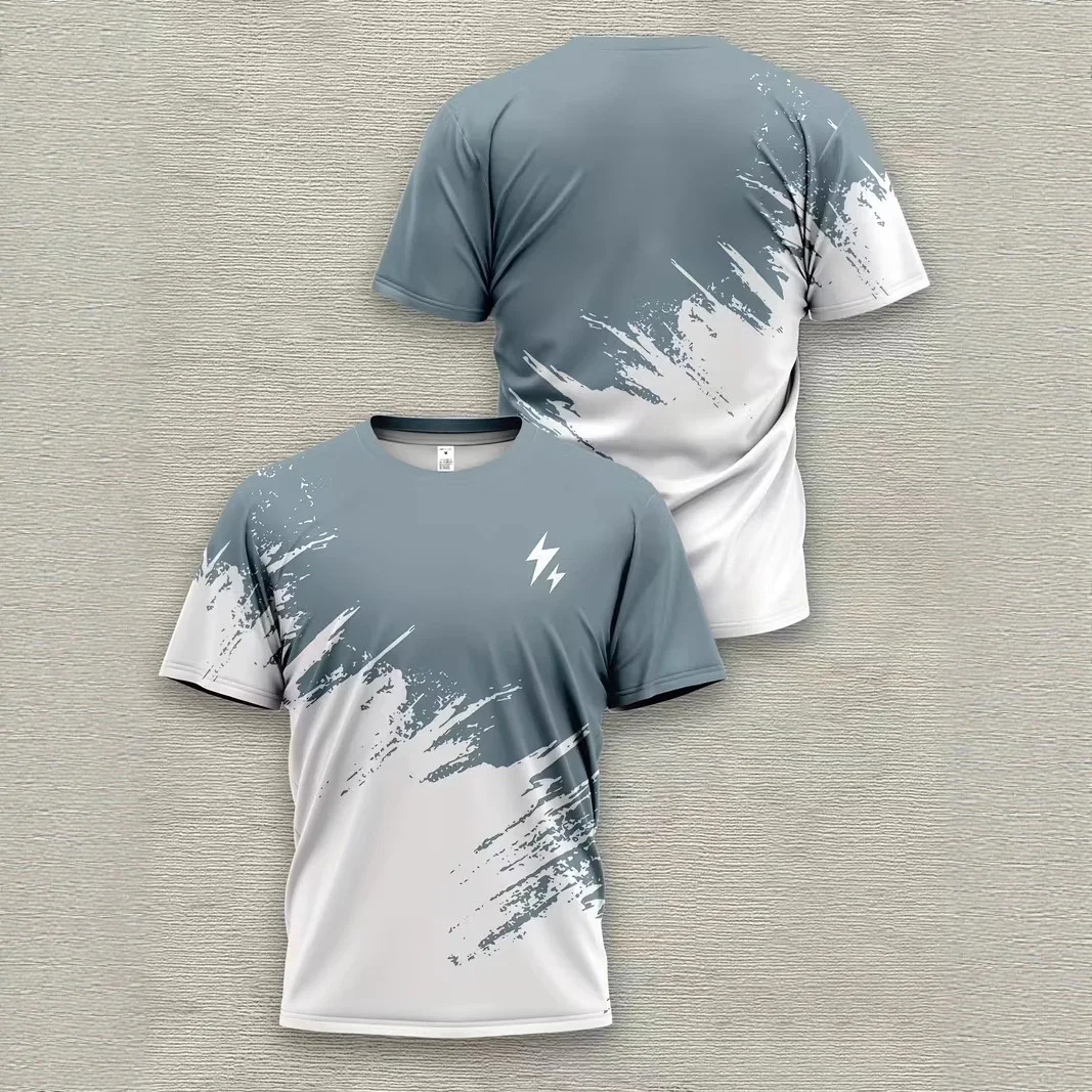 Men Gradient Brush Stroke Lightning Logo T-Shirt Quick Dry Breathable Sports Short Sleeve Tee Summer Casual Fitness Tops
