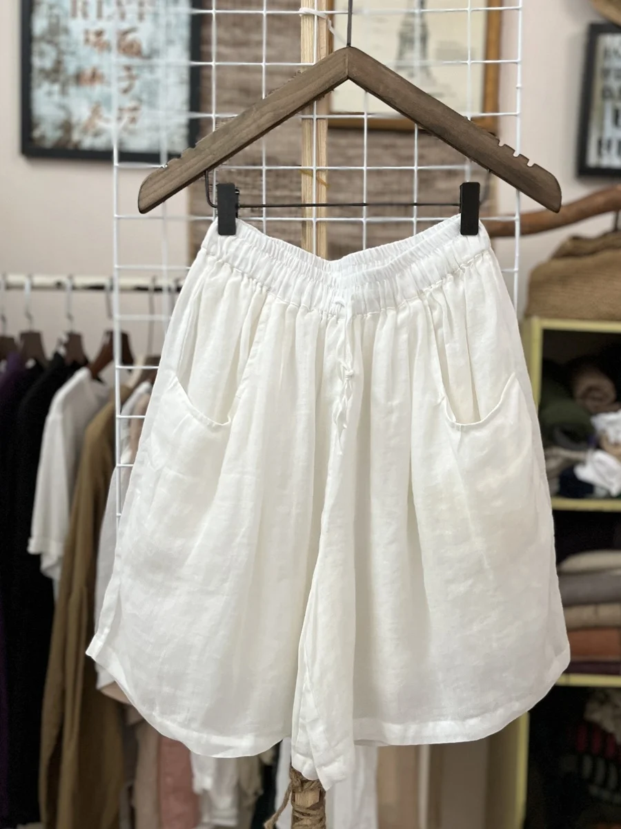 กางเกงขาสั้นผ้าฝ้ายลินินทรงหลวมเอวยางยืดสำหรับผู้หญิงไซส์ใหญ่ สไตล์ลำลอง ใส่สบาย เหมาะสำหรับฤดูร้อน