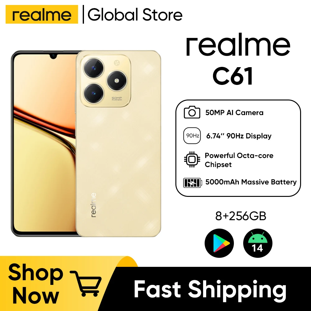 Realme C61 Display da 6,74 ''90Hz Android14 Smartphone 50MP AI Camera 5000mAh IP54 Motore AI impermeabile 15W Carica SUPERVOOC