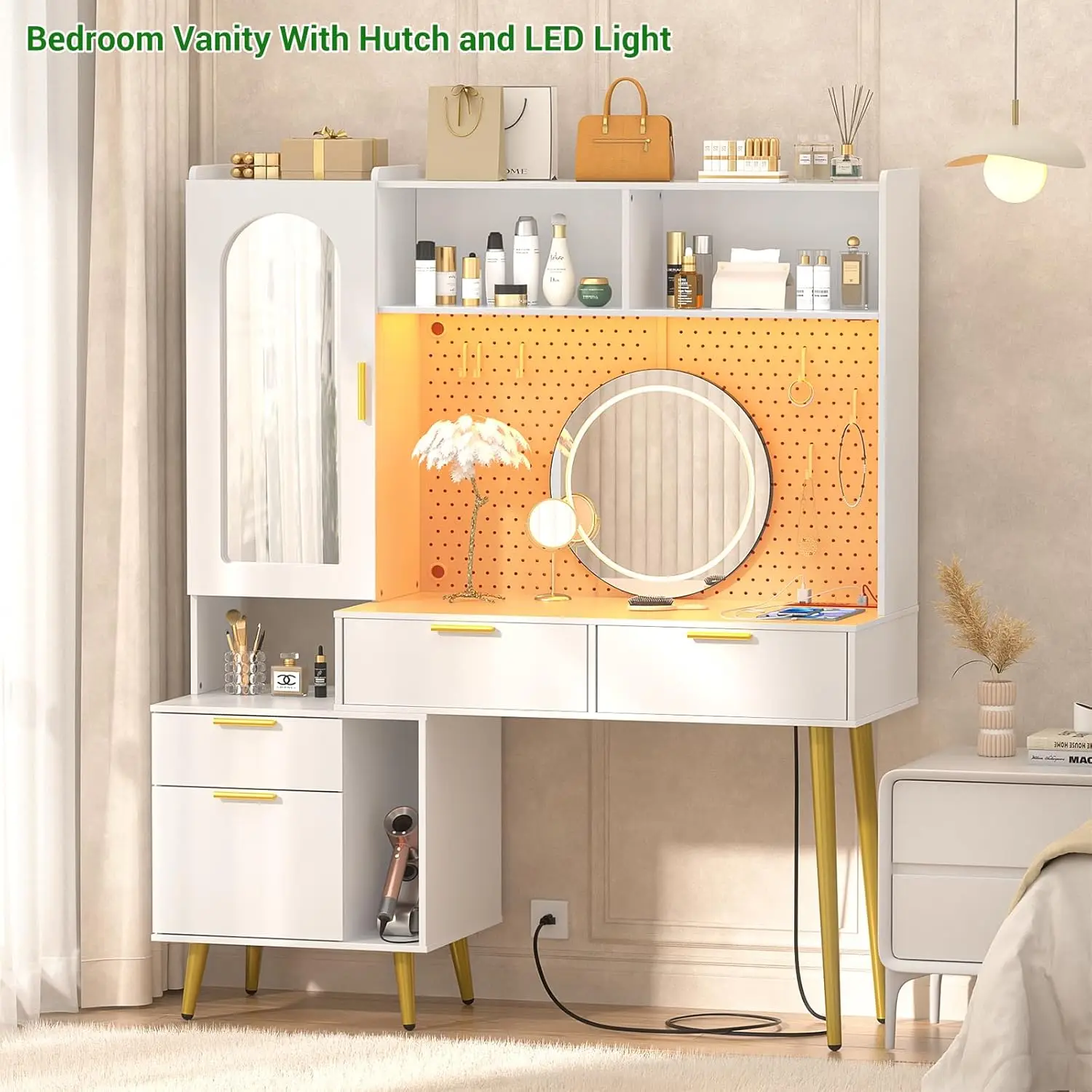 Bedroom Makeup Vanity in White with Wood and Metal, 48'' Size, Charging Station, LED, Pegboard, 5 Big Drawers, Shelves, Cabinet view 6