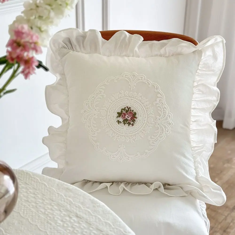 with Lotus Frill French Lace Pillow Cover Soft Washed Material Embroidered Cushion Cover Comfortable Pillow Shell