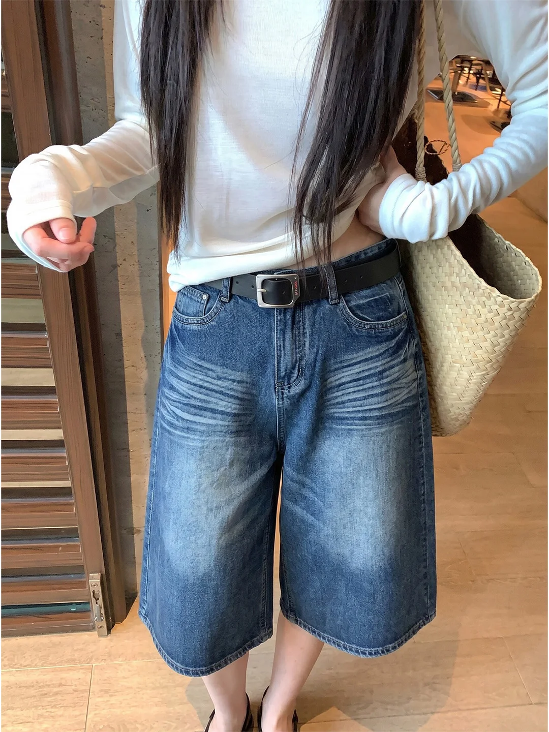 

Summer 2026 Loose Fit American Style Denim Jeans Women's Vintage Short Straight Thin High Waist Zipper Casual Pure Color