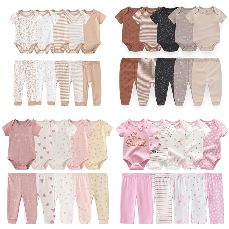 9/10PCS Unisex Cotton Bodysuits+Pants Cartoon Newborn Baby Girl Clothes Print Baby Boy Clothes Sets Short Sleeve Bebes