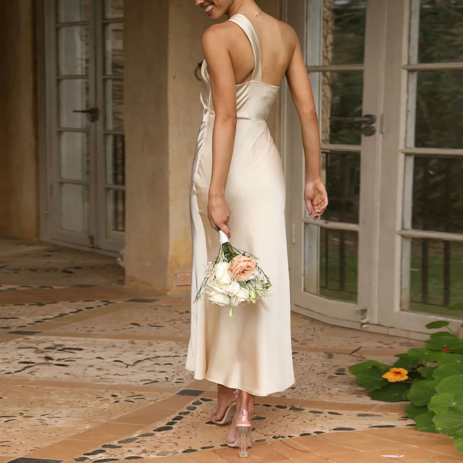 Dames Satijn One Shoulder Bruiloft Bodycon Jurk Cocktail Avond Feest Maxi Jurken Backless Robe Femme