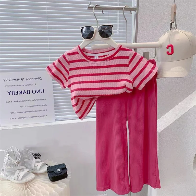 Girls Cute Suit Children Round Neck Short Sleeve Top Set Summer New Baby Fashion Striped Clothing Wide Leg Pants Two-Piece 2-10Y