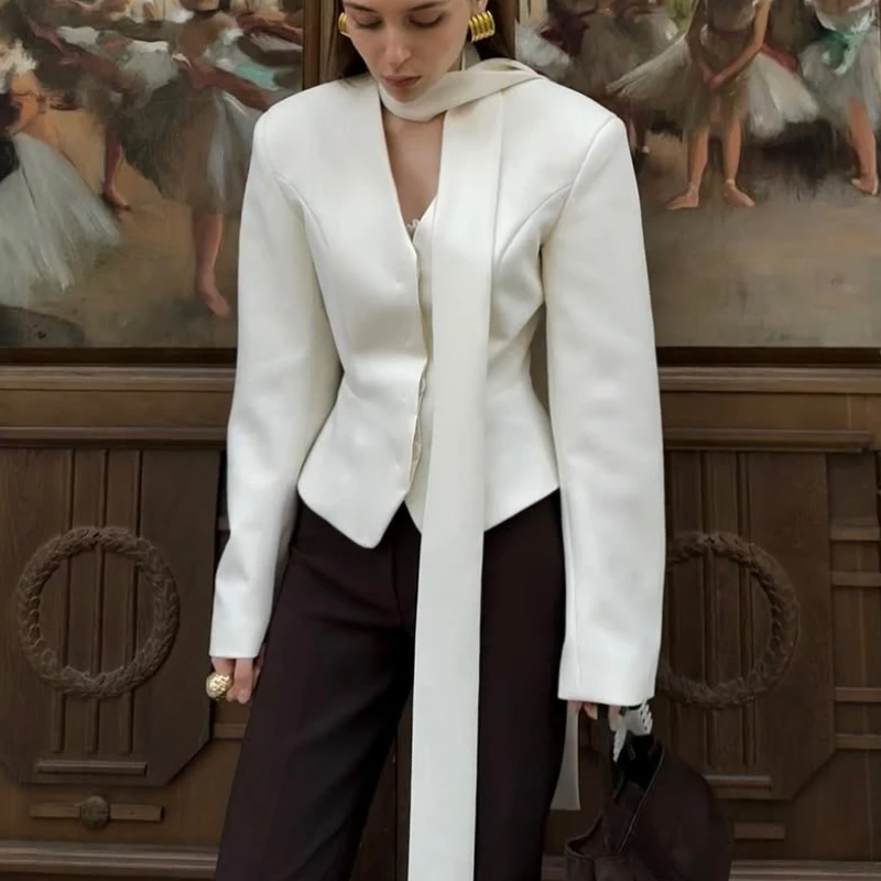 

Women's V-neck Ribbon Cardigan Striped Print Long Sleeve Shirt Buttons Elegant Office Lady Top Blousers Outwear Blazer Woman