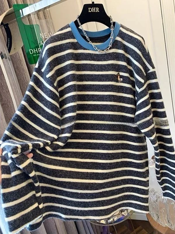 

American Retro Lazy Soft Warm Plaid T-Shirt Base Shirt Loose Women's Winter Large Size Women's Fashion Commute Style round Ne...