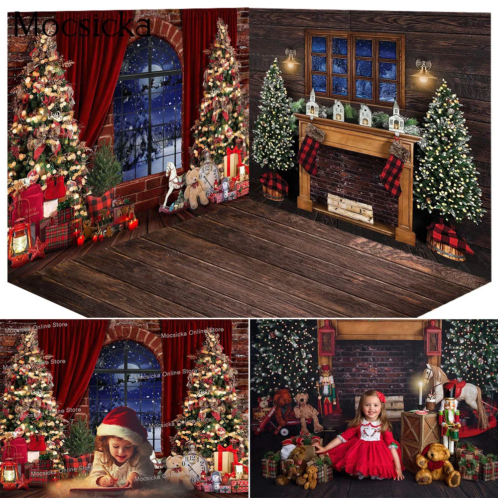 

Christmas 3D Room Birthday Portrait Backdrop for Studio Winter Fireplace Window Night Background Gifts Xmas Tree Socks Photocall