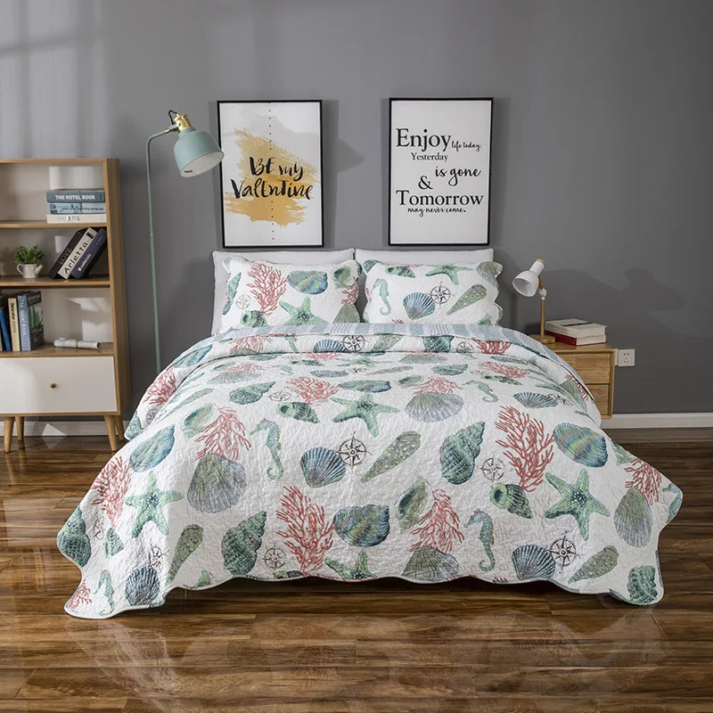 

CHAUSUB Marine Style Printed Cotton Quilt Set 3PC Bedspread on the Bed with Pillwocase Queen Size Summer Bed Cover Coverlet