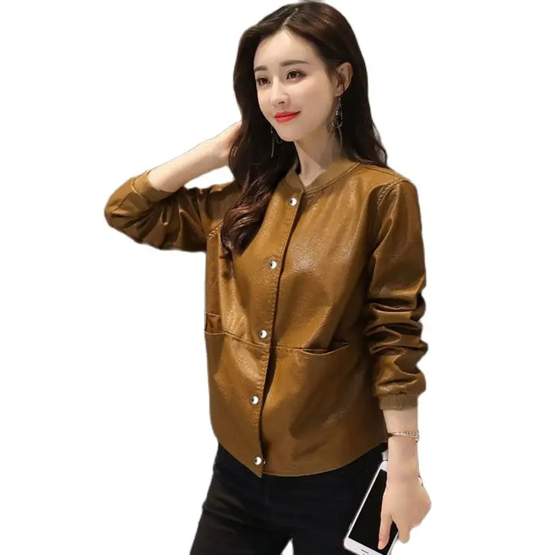 Short Black Crew Neck Leather Jacket Women Autumn Winter Korean Loose Baseball Uniform Casual Faux Leather Jacket Female Tops