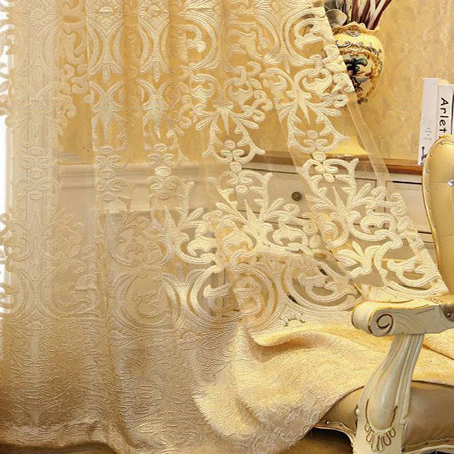 Tenda in Tulle cavo Jacquard con filo dorato chiaro per soggiorno tende in Voile per finestre in tessuto di lusso europeo retrò palazzo Elgent