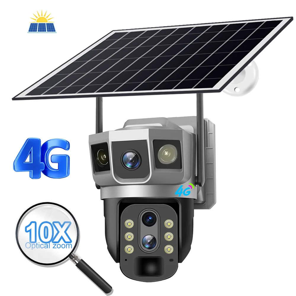 

Industrial 10 X Optical Zoom hd Dual Lens Triple Screen Solar Camera Color Night Vision Motion Detection 4g Sim Card Cctv Camera