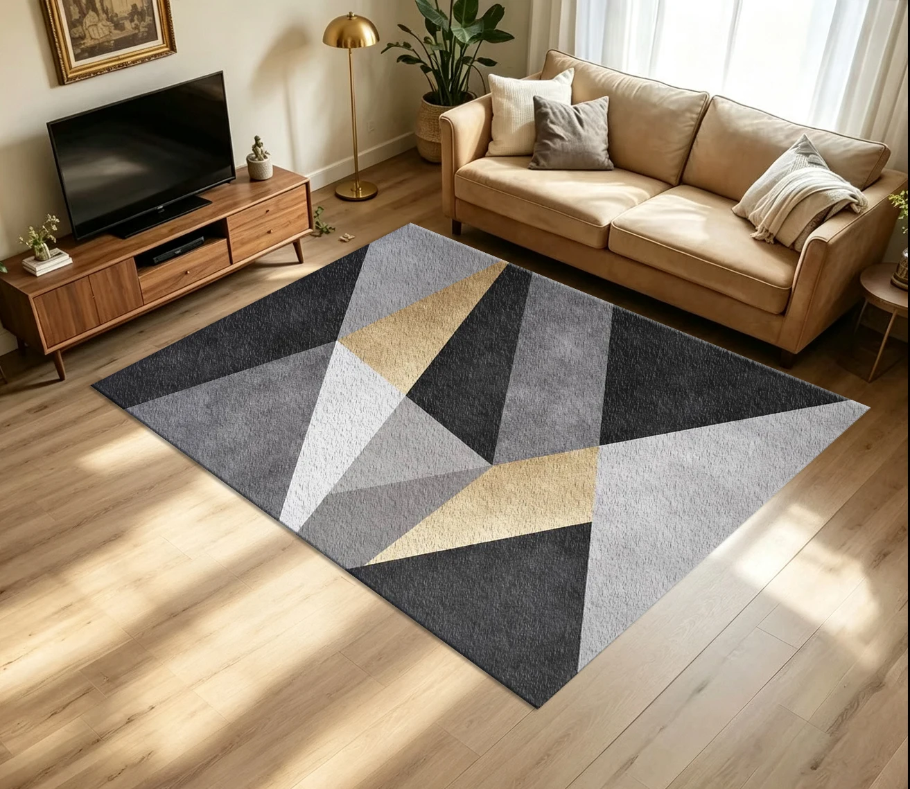 Modern Abstract Gold Grey Black Triangle Geometric Carpet Flooring Minimalist Overlapping Polygon Art Printed Floor Rug for Household Indoor Home Decoration