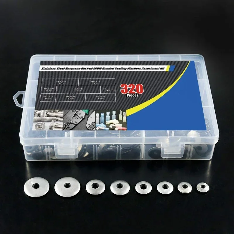 

320Pcs Stainless Steel Washers Neoprene Backed EPDM Bonded Sealing Washers Assortment Kit M4.2 M4.8 M5.5 M6.3 Set for Screws