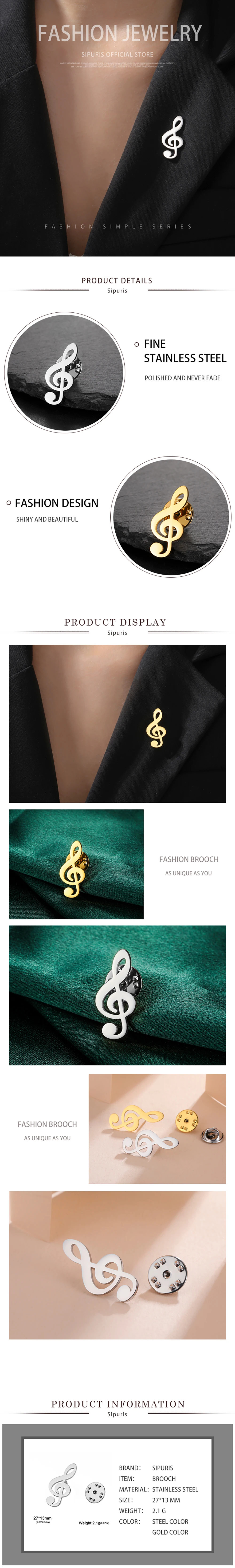 Sipuris Musiknoten-Mini-Brosche für Damen und Herren aus Edelstahl, Modische Anstecknadel, Schmuck für Hochzeiten, Geschenke, Trendig – Detail 3