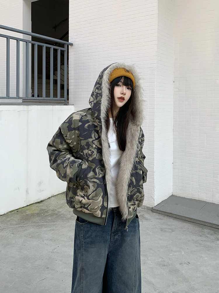 

URKR Camouflage Hooded Thiened Cotton Jaet Women's Street Sle Loose Fit Long Sve Zipper Closure Winter Outerwear