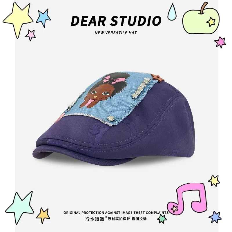

Cute Girl Patch Crack Design Berets Cap Y2K Summer and Autumn Travel Personality Versatile Niche Retro Painter Hats for Women