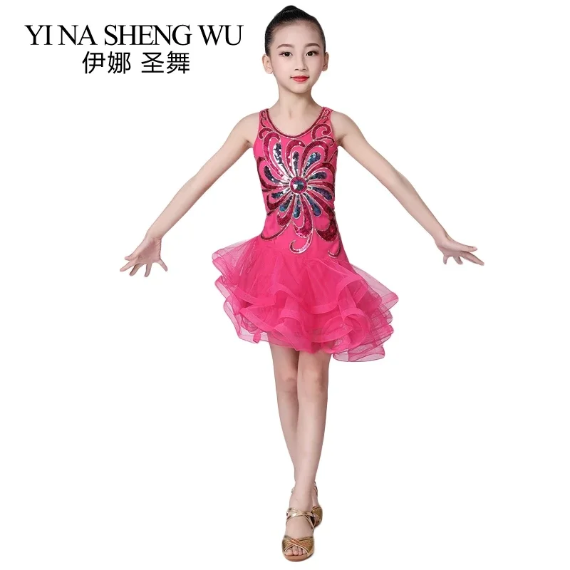 New Children Latin Dance Skirt Sequins Mesh Latin Dance Stage Performance Clothing 1Pc Girls Latin Tango Salsa Competition Dress