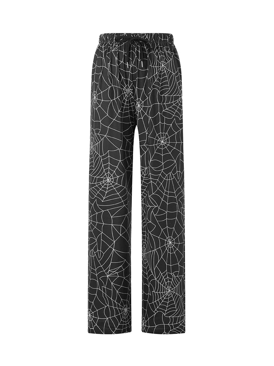 Women s Halloween Lounge Pants Spider Web Print Elastic Waist Drawstring Pajama Bottoms