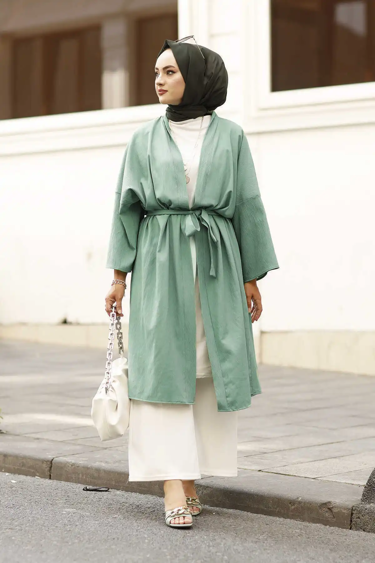 

Casual Cut Waist Belted Kimono MD- Mint Winter Autumn 2021 Muslim Women Hijab headscarf Islamic Turkey