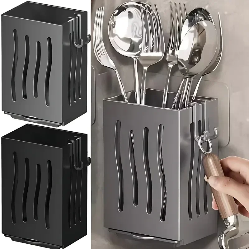 1-Piece Kitchen Utensil Rack-Multifunctional Draining Chopstick Holder Wall-Mounted or Freestanding Cutlery Storage Box Plastic