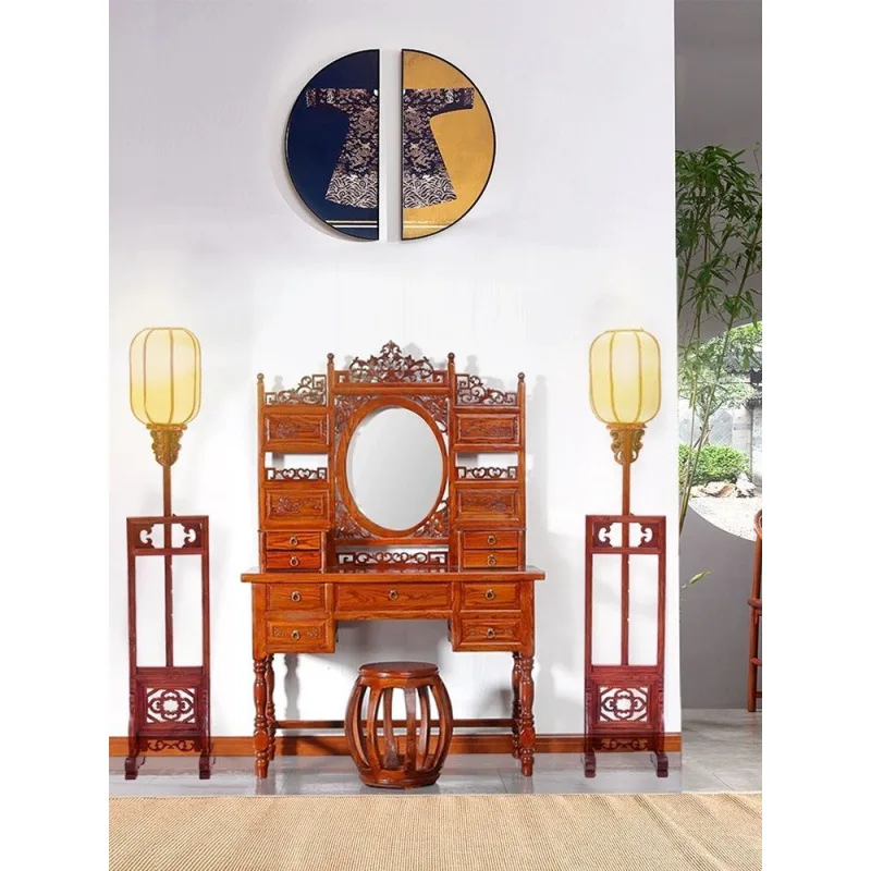 

Solid wood dresser New Chinese-style bedroom storage Carved antique simple with mirror drawer Small apartment Hanfu makeup table