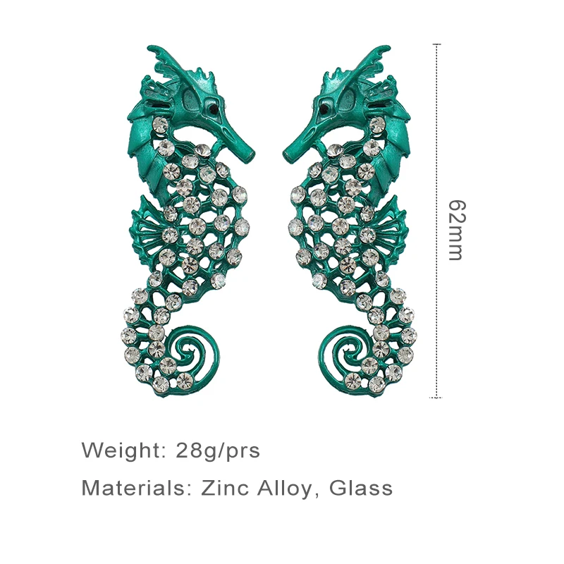 Heavy Metal Colorful Sea Horse Post Earrings For Women Fashion Jewelry Glass Stones Trendy New Designs Fancy Accessories C1358