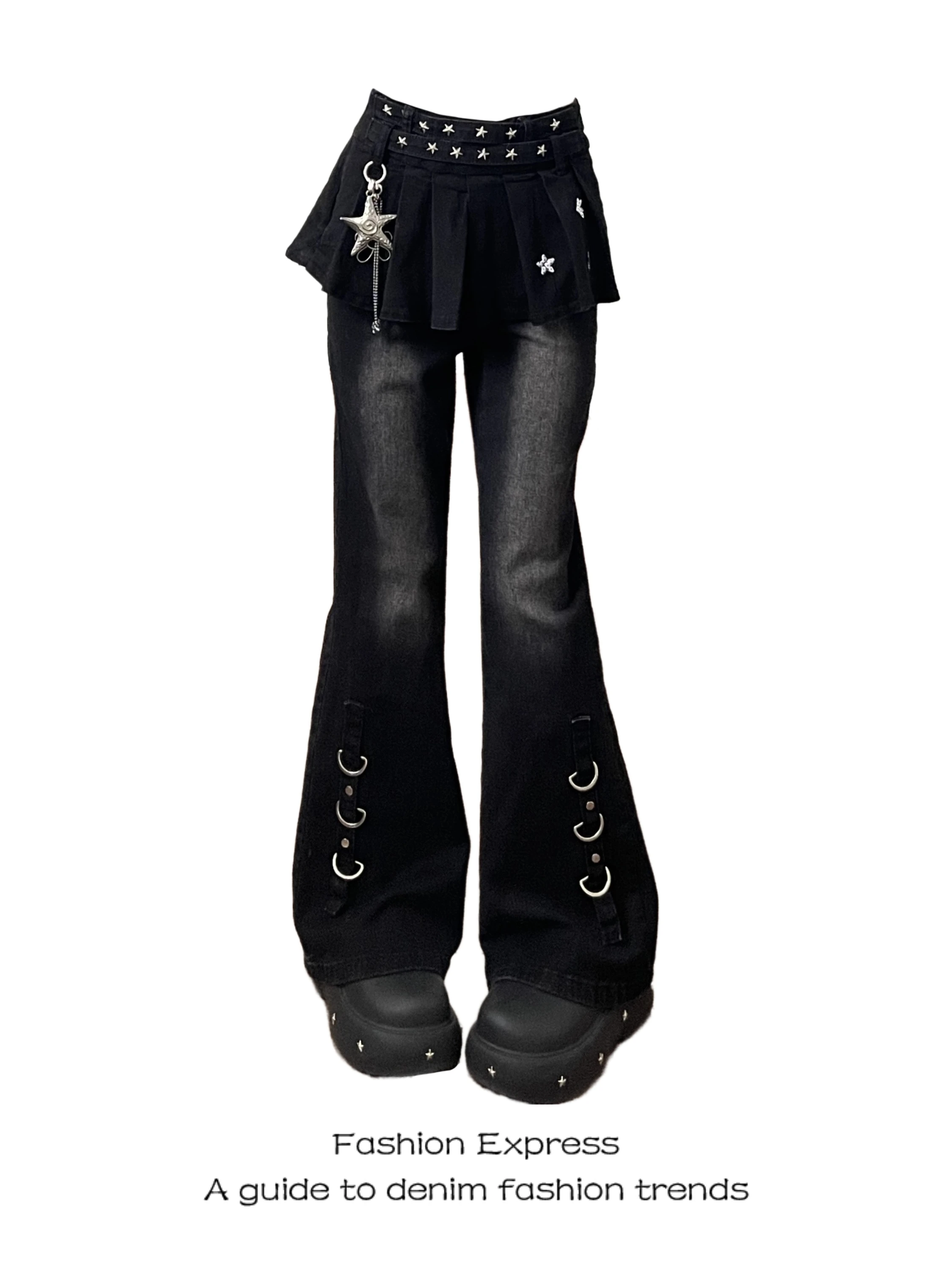 

High Waist Black Slim Fit Distressed Denim Pants Women's Casual Wide Leg Jeans High Waist Bell Bottoms Two Piece Illusion