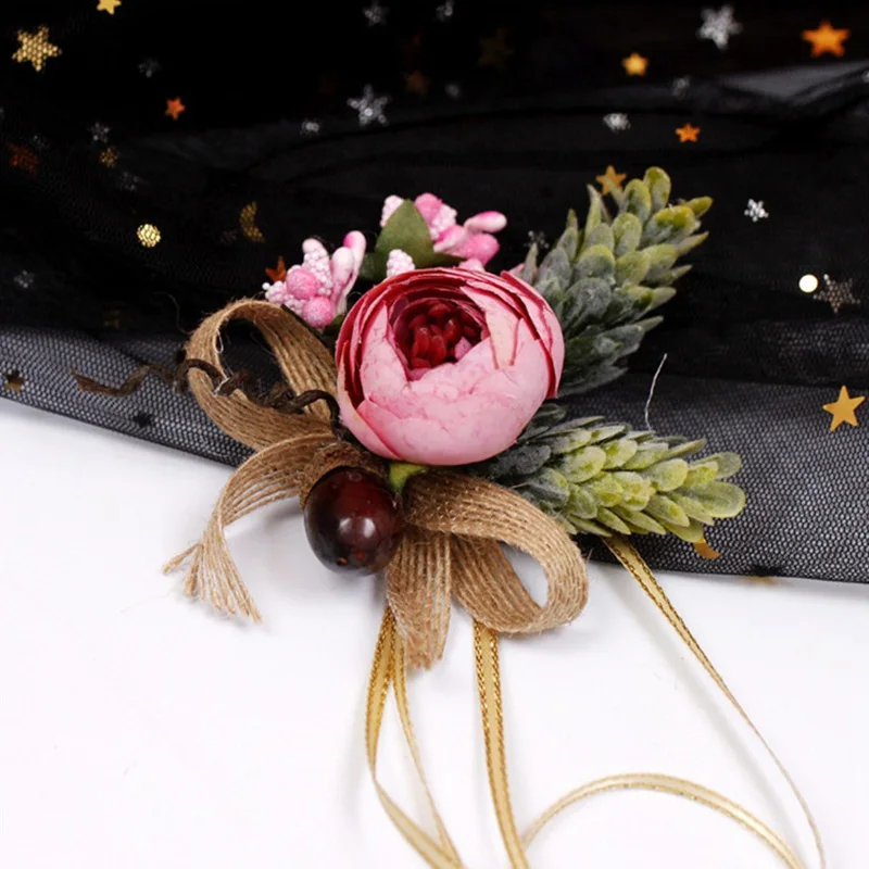 Bruidsmeisje Faux Roos Armband Bruiloft Linnen Touw Pols Bloem Corsage Bruids Geschenken Hand Bloemen Feestaccessoires Groothandel