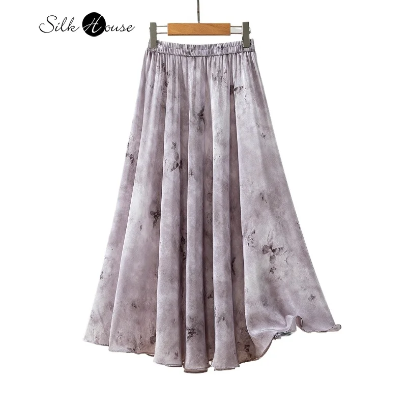 

2025 Women's Summer New 100% Natural Mulberry Silk Crepe De Chine Purple Print Diagonal Cut Elastic Waist A-line Skirt