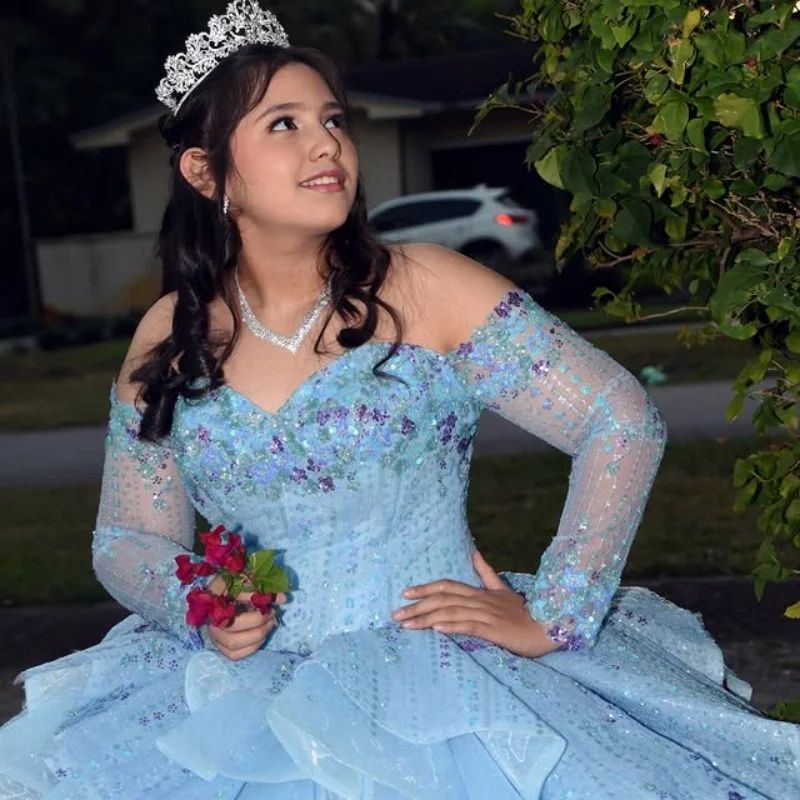 

Shiny sky blue Quinceanera Dress Lace glitter Decal flower long sleeves Long tail Bow Vestidos De 15 Quinceanera ﻿Customize